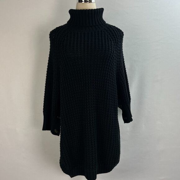 J. Crew Black Button Sleeve Turtleneck Oversized Crochet Poncho Sweater Size S - Picture 4 of 10